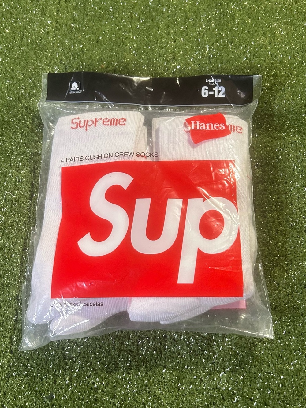 Hanes White Crew Cushion Socks with Red Logo - Pack of 4